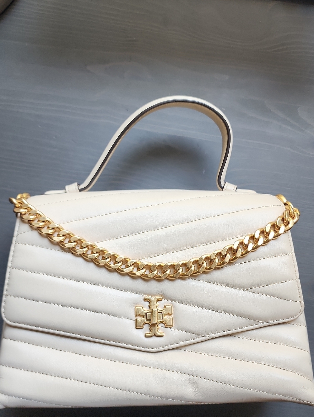 Tory Burch Cream Quilted Top-Handle Satchel with Gold Chain Strap